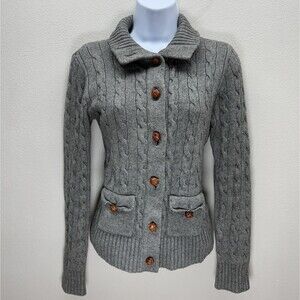 Ralph Lauren Rugby Cable Knit Cardigan Sweater Women Medium Gray Preppy Academia